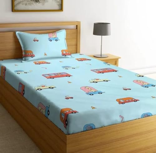 Laddu Overseas Kids Favourite Character Glace Cotton Digital Print 1 Single bedsheet with 1 Pillow Cover for Kids Room/Living Room - (multiblue Bus)