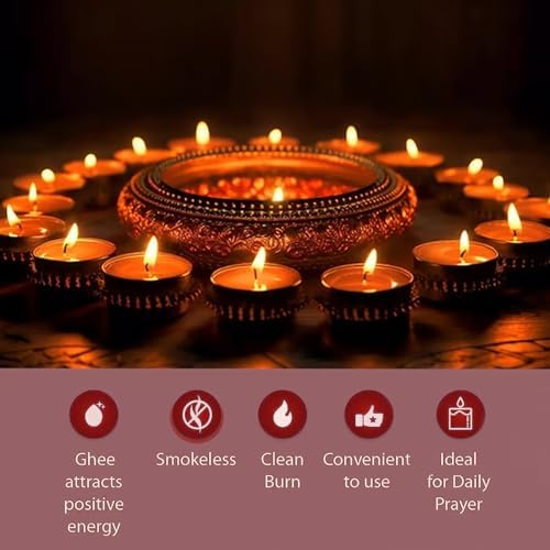 Shubhkart Tejas Puja Ghee T-Light Candles 50N | Non Toxic Smokeless & Wax Free Tea Light Candles Perfect for Home Decor, Prayers, Rituals|No Residue Long Lasting| 3 Hours Burn Time (Set of 50)