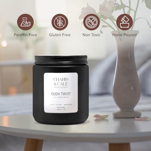 Charis & Cale Oudh Twist Candle Jar - 200 Gm | Smokeless, Soot-Free & Non-Toxic Candles for Home Decor & Aromatherapy | Long Burning Time of 30+ Hours | Best for Gifting & Meditation