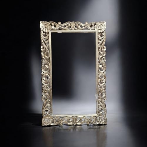 AESTHETIC DECOR Wooden(4x2.5) ft Carved Wall Mirror Frame Solid Mango Wood, | with Out Mirror (White Distress)