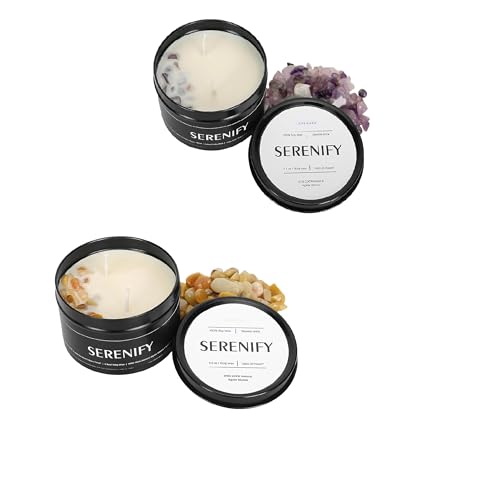 SERENIFY Scented Candles |Aromatherapy Candles | 200 gm Each Soy Wax Eco-Friendly | 24 hrs Burn Time | Lavender and Vanilla Fragrance with Yellow Citrine Stones| Tin Container Pack of 2