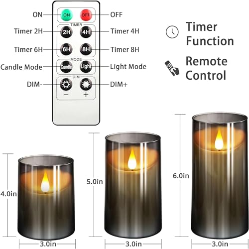 AQUIDAN Set of 3 Clear Grey Glass Flameless Candles with Remote and Timer, Real Wax Tamped Battery Operated LED Pillar Candles with Flickering 3D Flame Color Transparent : Grey