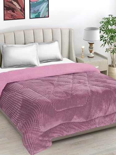 FABINALIV Pink Striped Heavy Winter 950 GSM Micro Fiber Filling Double Bed Quilt (FLQT-1027-Pink)