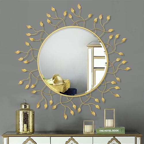 Crafts Valley Rustic Metal Framed Wall Mirror, 24 Inch Diameter, Gold Leaf Design, Decorative Home Accent Mirror