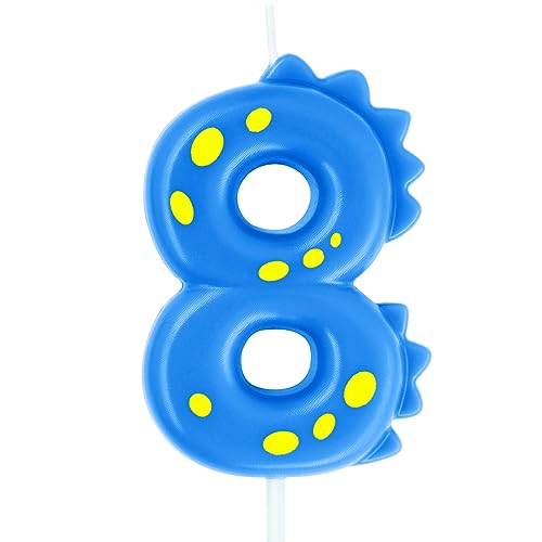 Blue Birthday Candle 8, eusbon 2.76" Dinosaur Candle Theme Party Number Candle for Cake