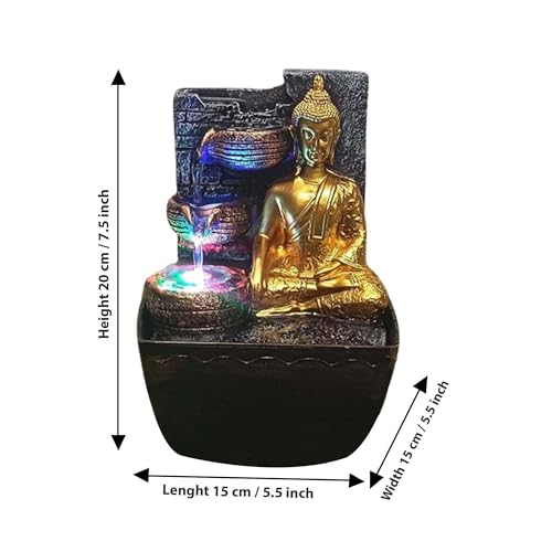 SPLICE Resin Lord Buddha Tabletop Waterfall Fountain with LED Light - for Home Decor Accent