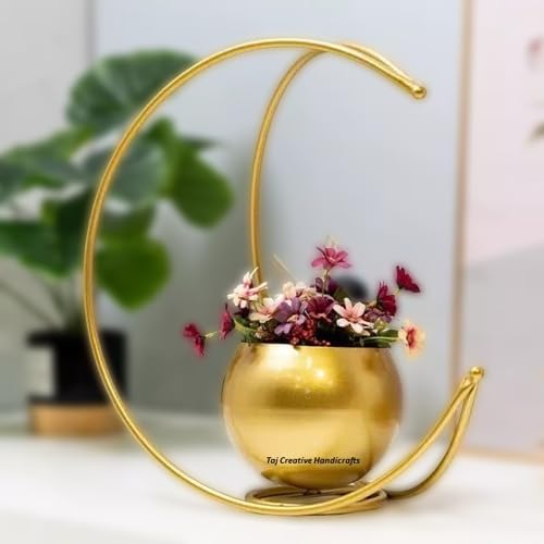 TAJ CREATIVE HANDICRAFTS Metal Flower Vase with Gold Finish Metal Geometrical Half Moon Design Flower Pot Stand | Table Top Decorative Flower Pot | 24x24 cm item nmbr T-1008