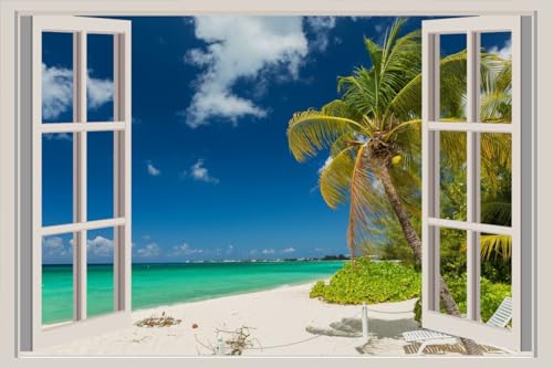 JVERF - JZZA30393 Tropics Coast Sky Grand Cayman Clouds Palms| Self-Adhesive Open Window Wall Sticker