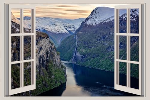 JVERF - JZZA25949 Norway Rivers Geirangerfjorden Crag Snow Bay| Self-Adhesive Open Window Wall Sticker