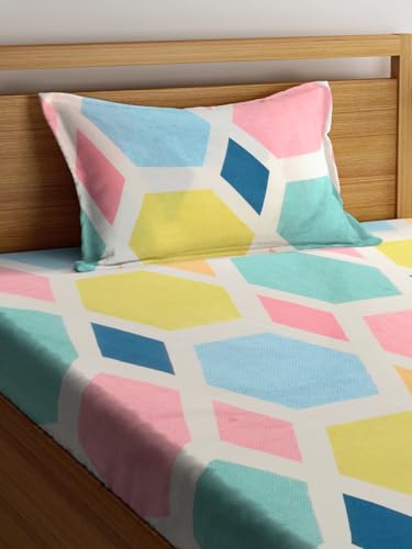 FABINALIV Multicolor Geometric 300 TC Cotton Blend Single Bedsheet with 1 Pillow Cover (FLSBS-1298-Multi)