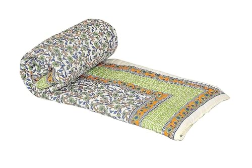 AARMOZY Single Bed Jaipuri Razai Reversible Cotton Green Blanket AC Quilt - Traditional Rajasthani Comforter for Soft and Cozy Sleep