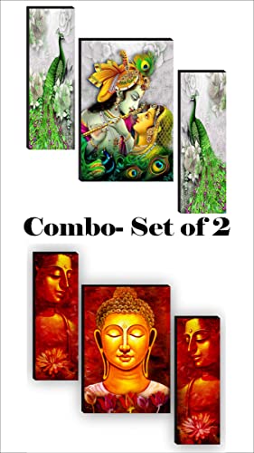 SAF Religious Radhe Krishna UV Textured Painting Set of 3 (18 Inch X 12 Inch, Multicolour, SANFJM31085) & Set of 3 Buddha Paintings for living room Painting 12 Inch X 18 Inch SAF-JM7707