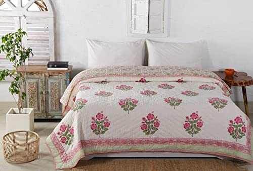 WOODSY Original Pure Cotton Jaipuri Razai Hand Block Pink and Green Flower Print Reversible Comforter Lightweight AC Quilt Summer and Winter Bedding | Throw Bed Blanket (King Size 108X108 Inches)