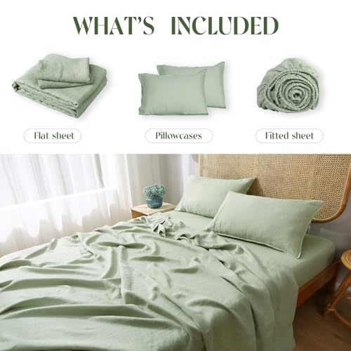 Victory Symbol 100% French Natural Linen Bedding Ultra Soft Stone Washed 4 Piecces Sheets Set(Light Green,Full)