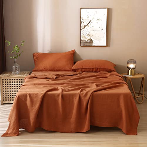 S VICTORY SYMBOL 100% French Natural Linen Bedding Sheet Sets,Deep Pocket Sheets,Ultra Soft Durable Luxurious Stone Washed Flax 4 Pieces Sheets Set(Caramel,California King)