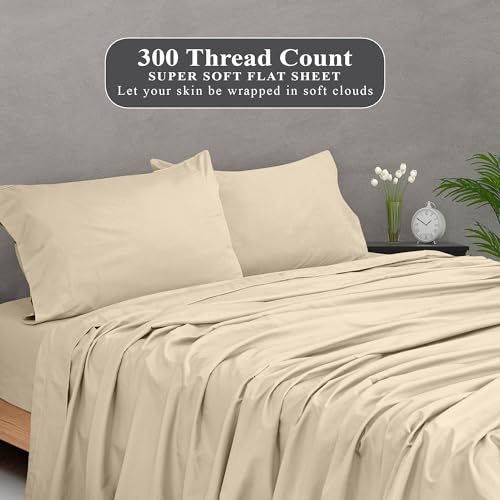 ROYALE LINENS 300 Thread Count 100% Long Staple Combed Cotton Flat Sheet - Super Soft - Top Sheet - Full Flat Sheet Sold Separately - Breathable, Cool & Crisp Percale Flat Sheet Only (Full, Cream)