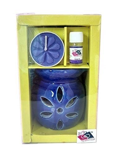 The Decor Affair 1 Pcs Tranquil Essence Lavender Bloom Illuminator Gift Set with Azure Delight Ceramic Tealight Luminary, Harmonious Aroma Diffuser, and Enchanting Wax Melter.