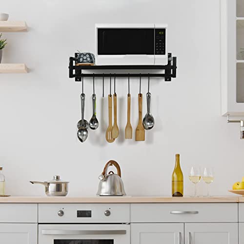 Livzing Wall Mount Microwave Oven Rack - Metal Holder Storage Stand - Cooker Utensils Dish Shelf Organizer with Hooks for Home & Kitchen Appliances - Black, Floating Shelves