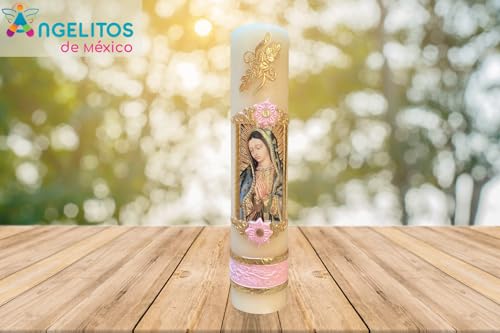 Angelitos de Mexico Guadalupana Virgen de Guadalupe Artisan Pink Candle Cirio Vela de la Guadalupana Fe Catolica