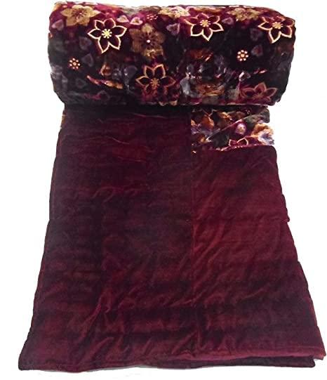 SK STORE Velvet Cloth Double Bed Quilt Jaipuri Razai Maroon Shaneel Rajai/Floral Print Design with Gold Print Quilts Blankets for Home