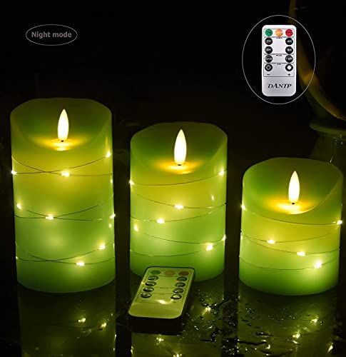 DANIP Green LED flameless Candle with Embedded Star String, 3-Piece Set of LED Candles, with 11 Button Remote Control, 24-Hour Timer Function, Dancing Flames, Real Wax, Battery Powered. (Green)