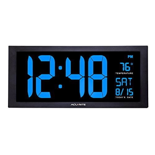 AcuRite 76100M Oversized LED Clock with Indoor Temperature, Date and Fold-Out Stand, 18-inch, Blue