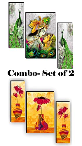 SAF Religious Radhe Krishna UV Textured Painting Set of 3 (18 Inch X 12 Inch, Multicolour, SANFJM31085) & Set of 3 Flower Pot Paintings for living room Painting 12 Inch X 18 Inch SAF-JM7715