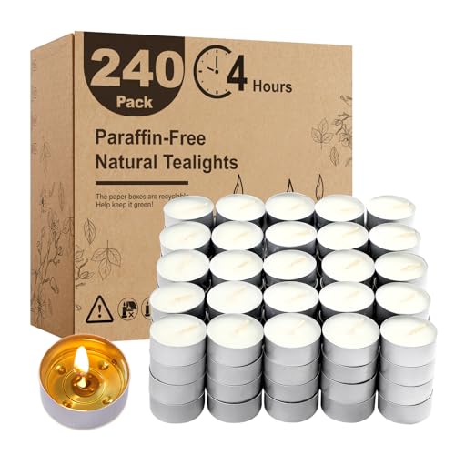 Tea Light Candles - 240 Pack, 4 Hours Fully Burns,Paraffin-Free Natural Tealights