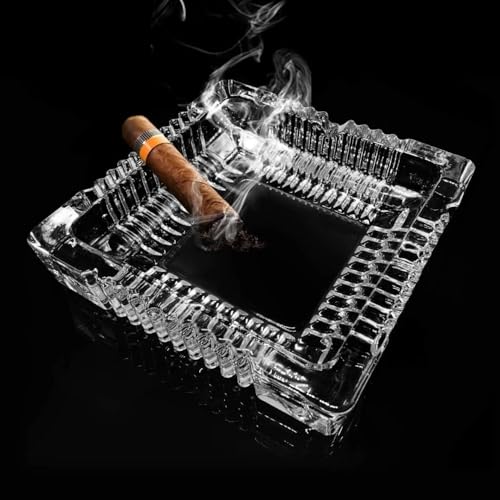SIDSONS Large Glass Ashtray Square Cigarettes Cigars Crystal Cut Effect Transparent Glass Ash Tray Glass Indoor Outdoor Home Office Tabletop Restaurant Pub Garden, 18cm x 18cm 4cm Height