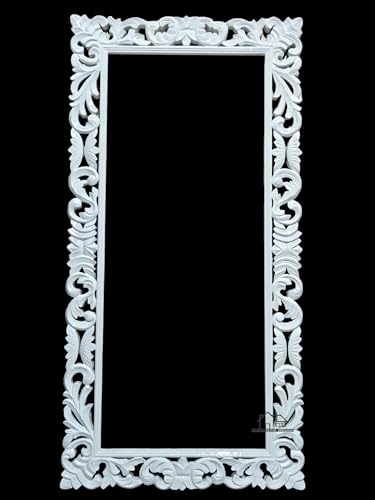 AESTHETIC DECOR Wooden(4x2.5) ft Carved Wall Mirror Frame Solid Mango Wood, | with Out Mirror | Crown Pattern White Deco