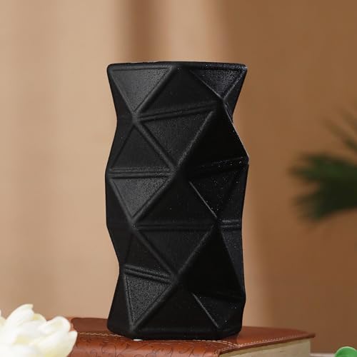 TIED RIBBONS Geometric Ceramic Flower Vase (Black, 20 cm x 8 cm) for Home Decor Flowers Plants Living Room Dining Table Office Decoration Items