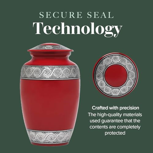 Eternal Harmony Cremation Urn for Ashes, Adult Male & Female Large Urn for Human Ashes with Elegant Finishes, Secure Seal & Velvet Bag, Funeral Urn for Men & Women Up to 200 lbs, 7 x 11 in (Red)