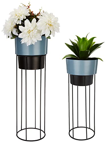 Amazon Brand - Solimo Metal Planters with Metal Stand - Grey & Black (Set of 2)