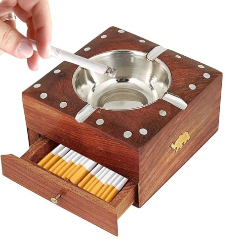 IndigoArts Wooden Cigarette Ashtray, Sheesham Wood Ash Tray with Drawer Smoke Ash Holder Tabletop Ash Catcher for Outdoors and Indoors with 4 Cigarette Holder Slots, Brown, 4 inch, 1 Pc