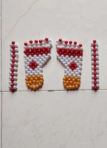 Decorative Pearl Beaded Rangoli Set with Laxmi Paule and Swastik Design, Red, White and Golden