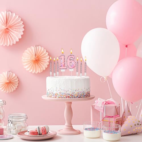 Amylove 2.75" Large Pink Glitter Happy Birthday Candles Girls Number Candles for Birthday Cakes Sequin Numeral Princess Candle Number Birthday Cake Topper with Cupcake Candle for Party (Number 16)