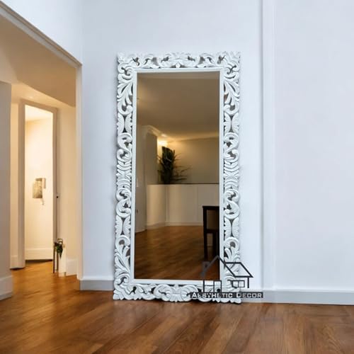 AESTHETIC DECOR Wooden(4x2.5) ft Carved Wall Mirror Frame Solid Mango Wood, | with Out Mirror | Crown Pattern White Deco