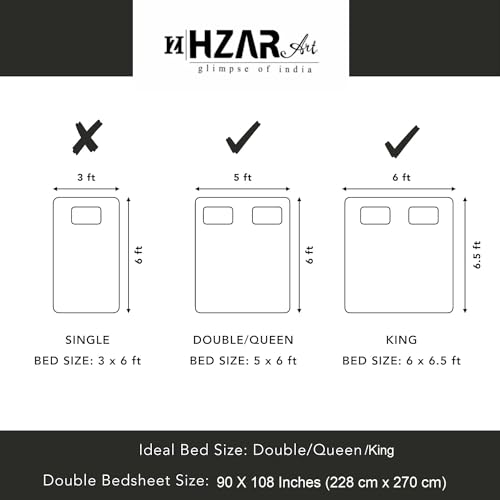 HZAR ART King Size Premium 100% Cotton Bedsheet for Double Bed with 2 Pillow Covers | 280 TC Flat Sheet | Jaipuri Print Double BedSheet Cotton(Flower Bail Print, 90 X 108 Inches) SB79