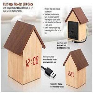 Stupefying HUT Shape Wooden LED Clock with Temperature and Sound Sensor (Dual Power : USB Cable/Battery)