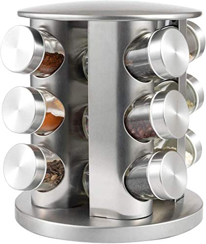 Matiko Spice Jar Rack Revolving Rotating Tiered Shelf Countertop, Spice Organizer, Seasoning Set, Spice Carousel Stainless Steel Stand Storage Holder With 12 Pcs Glass