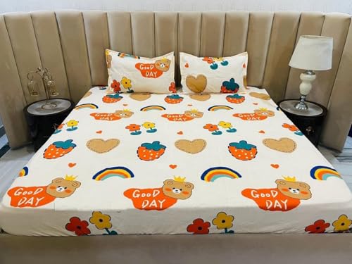 AVINYA 180 TC Cotton Feel All Around Elastic Fitted Bedsheets King Size, Premium Fitted Bedsheets King Size for Double Bed with 2 Pillow Covers, Size- 78” x 72” (Cartoon)