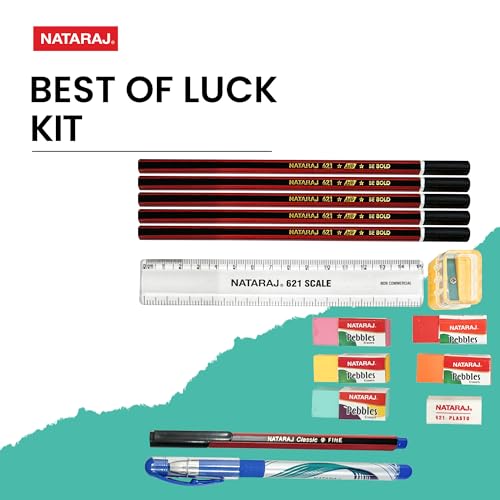 NATARAJ Writing Kit|5 Pencils|1 Filly Sharpener|1 Pouch of 5 Pebbles Erasers|1 Itip Gel Pen|1 Classic Ball Pen|1 15cm Scale|1 Pasto Eraser|Portable Kit|Academic Kit|Ideal for Gifting