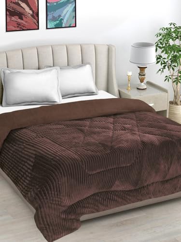 FABINALIV Brown Striped Heavy Winter 950 GSM Micro Fiber Filling Double Bed Quilt (FLQT-1026-Brown)