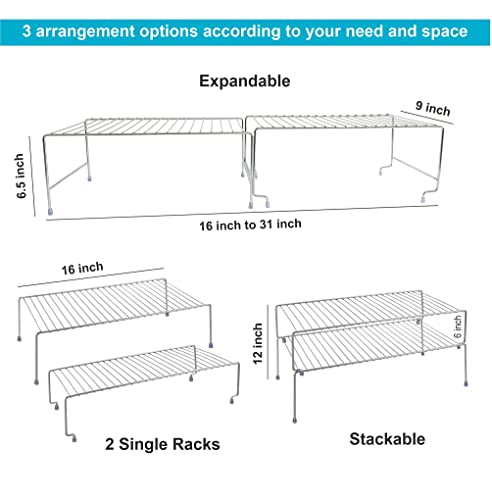 SmartSlide 2 Shelves Stainless Steel Cabinet Shelf (16 to 31 Inch), Expandable & Stackable Counter Spice Racks, Multifunctional Storage Racks for Kitchen, Bathroom, Cupboard & Pantry