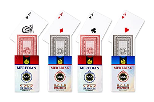 Meredian 555 Gold Premium Exclusive Meredian 555, Paper Playing Cards, Bridge Size, Regular Index, Red & Black, Pack of 4 for Adults