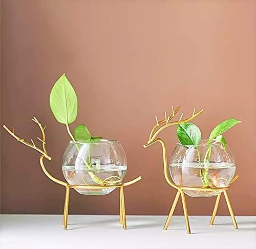 A J HOME DECOR Deer Elegance Glass Planter Set with Gold Stand - Home and Wedding Decor (A+B Set) Glass Flower Vase with Gold Metal Stand Propagation Station