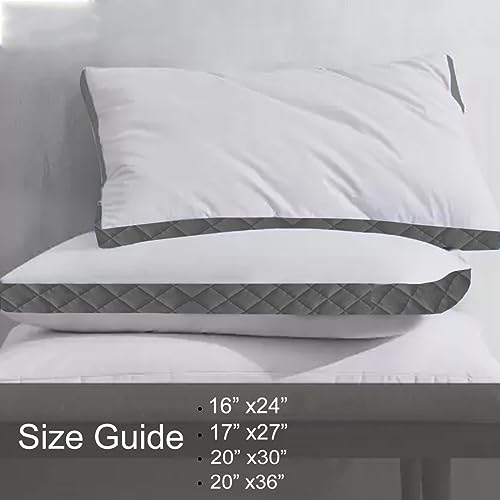 ADBENI HOME Gusseted Quilted Bed Pillow for Sleeping, Soft Touch Comfortable Feather Down Chamber, 17x27 Inch King U.S. Standard, White-Grey (Set of 2)