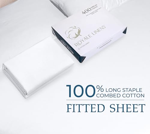 Royale Linens 400 Thread Count 100% American Grown Cotton Fitted Sheet Full Size - All Around Elastic Fitted Sheet - Luxury Sateen Weave - Snug Fit Bottom Sheet Fit Up to 16" (Full, Signature White)