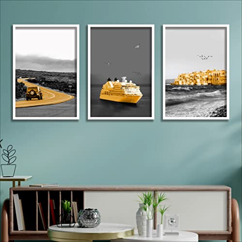 SAF paintings Set of 3 Boat And Jeep Modern Art Premium White Frame Painting For Wall Decoration, Bedroom, Paintings For living Room 31.5 inch x 13.5 inch,WHITEMX33594