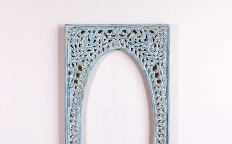 Wooden Mirror Frame Solid Wood Carved Blue Distress Finish Mirror Frame